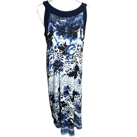 SLNY Women's Large Blue Floral Animal Print Silky High Low Sleeveless Midi Dress - Picture 2 of 9